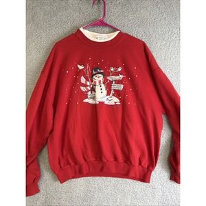 Morning Sun Vintage Crewneck Pullover Sweatshirt‎ Large Snowman Birds Christmas